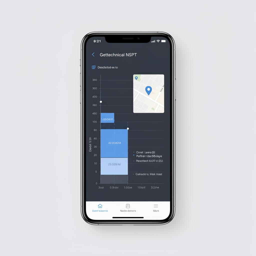 Tela do app SPT Campo Pro com gráfico NSPT e mapa